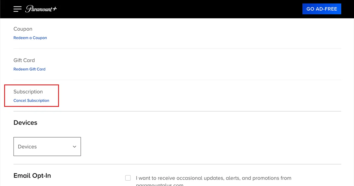 The Cancel Subscription button highlighted on the Paramount Plus Account page.