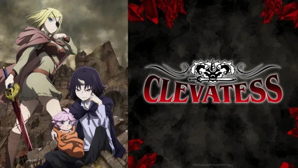 "Clevatess" key art, featuring an anime girl with an eyepatch and a horned boy holding a baby.