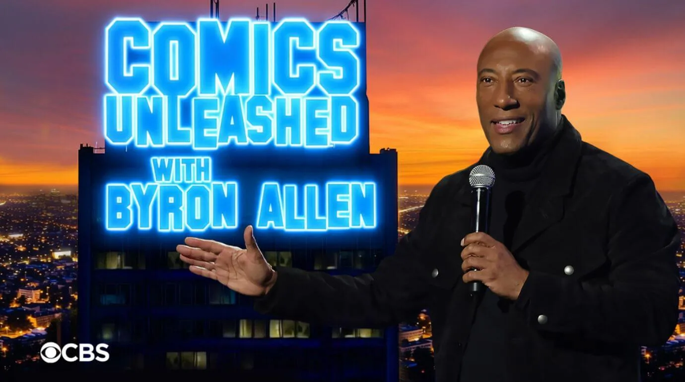 A promotional image for Comics Unleashed with Byron Allen shows the host, plus the logo in neon lights, in front of a blurry cityscape at sunset.