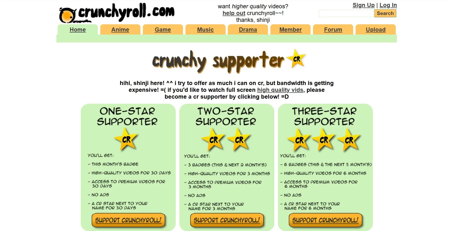 Screenshot of a white, green, and orange website advertising Crunchyroll’s “crunchy supporter” program.