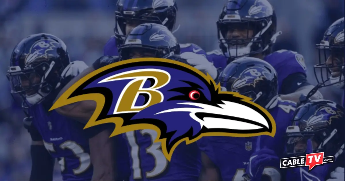 The Baltimore Ravens logo over an image of Ravens players.