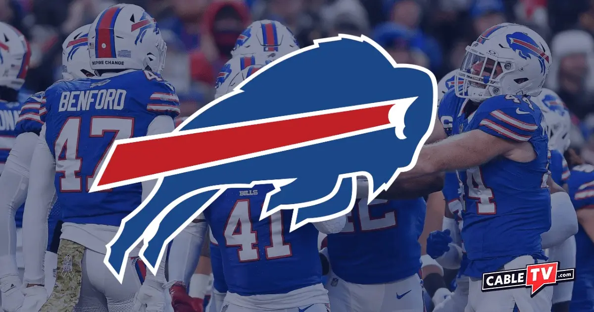 The Buffalo Bills logo over an image of Bills players.