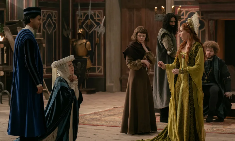 Four well-dressed nobles, a servant, and a doctor take refuge in a fancy villa. One noblewoman is on her knees in a position of prayer, and everyone else looks surprised.
