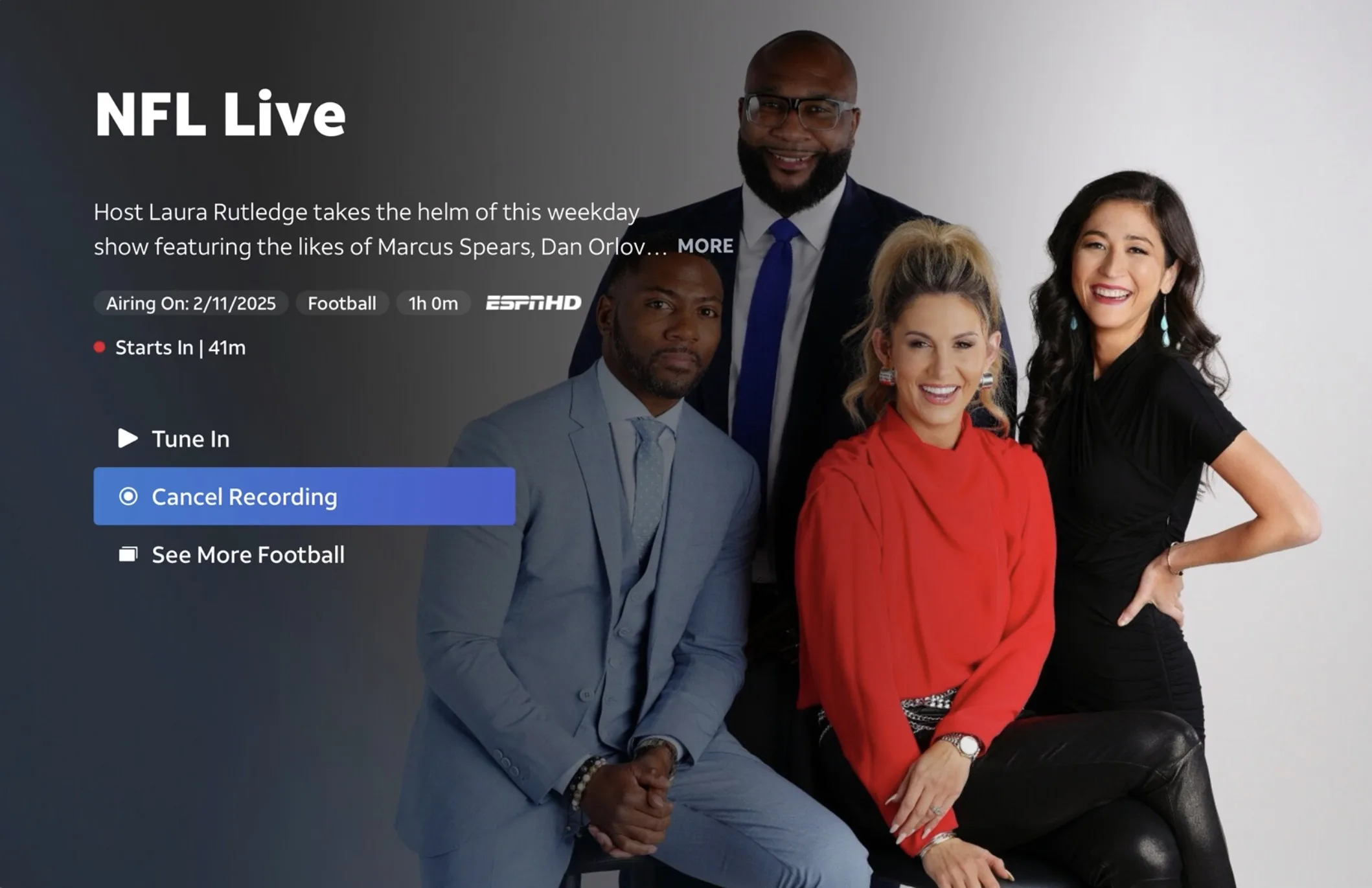 A show listing from the DIRECTV STREAM app that displays information like the date, show details, and an option to record it with the app’s DVR.