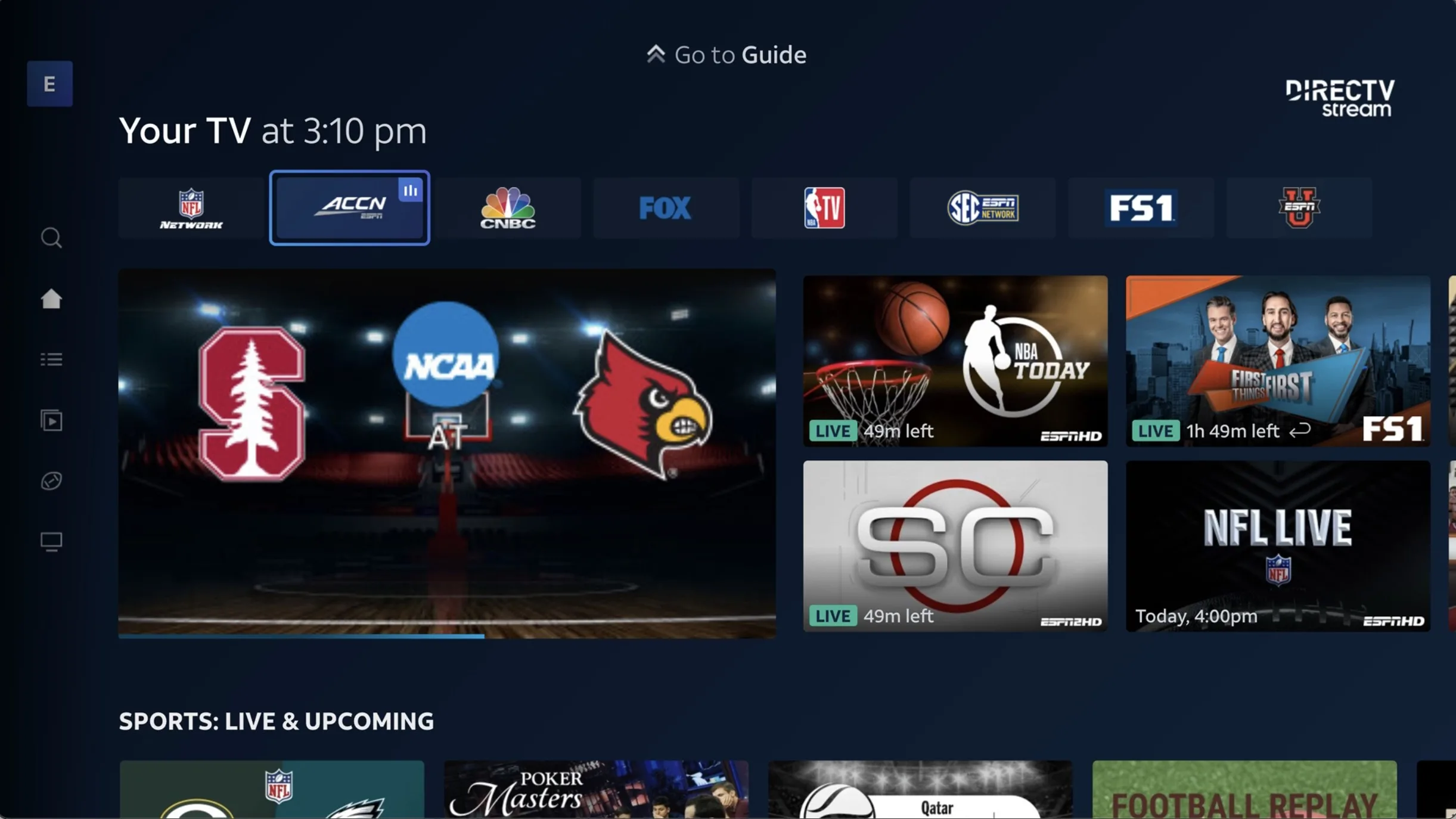 The DIRECTV MySports homepage is a grid that features multiple channels, your live TV feed, and upcoming programming.