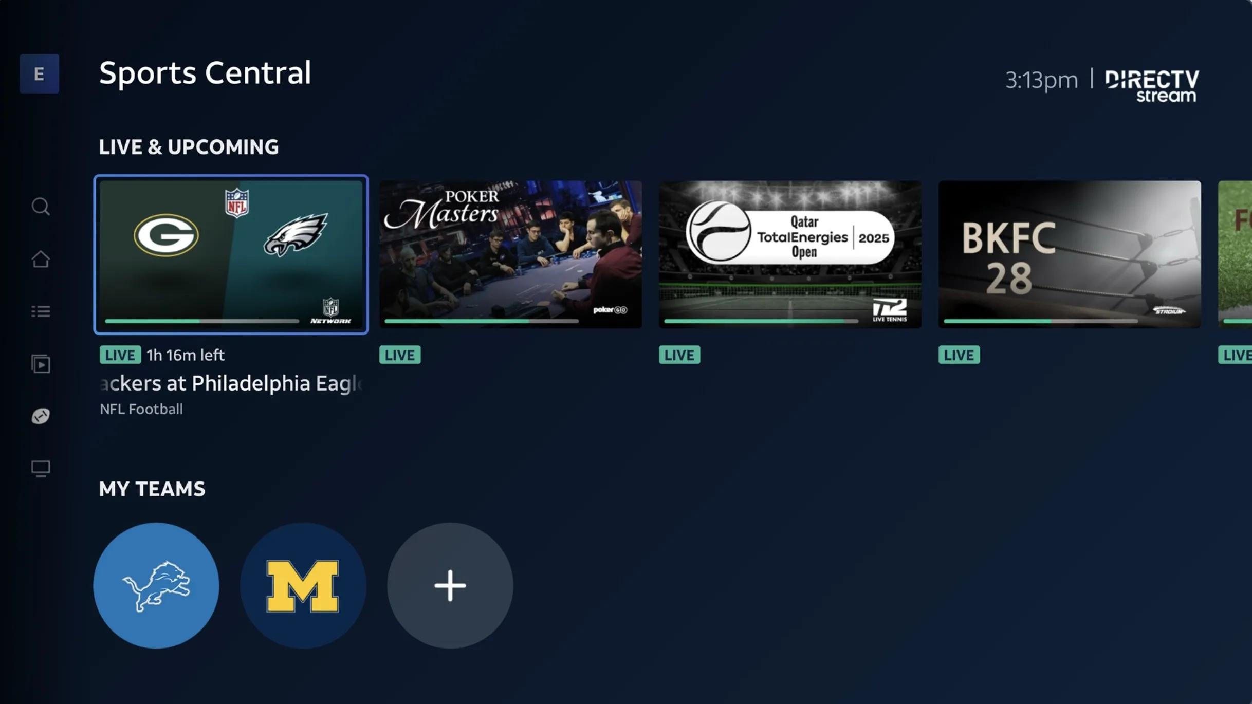 The DIRECTV Sports Central section of the DIRECTV app shows a My Teams section and upcoming programming.
