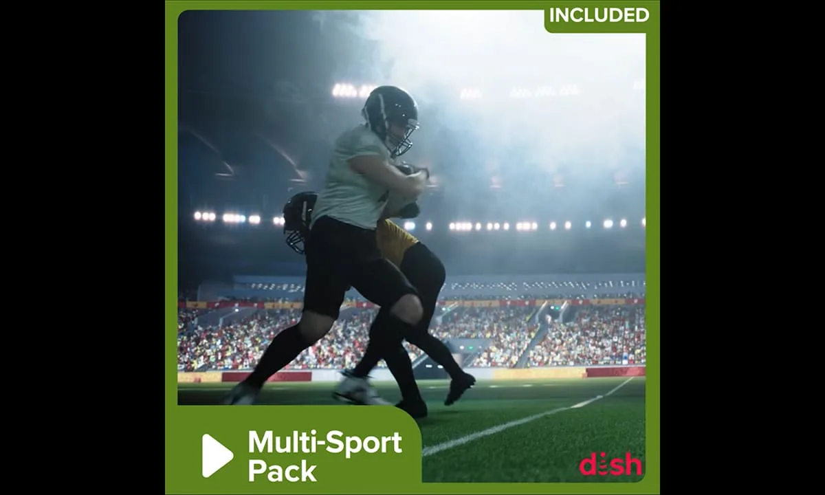 DISH Multi-Sport Pack Football Promo A football player runs with the ball while being tackled in a packed stadium, promoting the DISH Multi-Sport Pack.