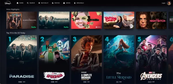 Screenshot of Disney+ website homepage showing results for Hulu shows.