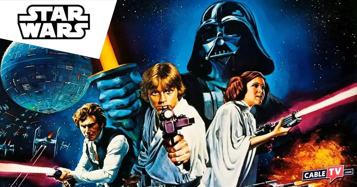 A collage for “How to Watch Every Star Wars Movie and Show in Order” shows Han Solo, Luke Skywalker, and Princess Leia in the foreground, all wielding weapons. Darth Vader and the Death Star loom behind them.