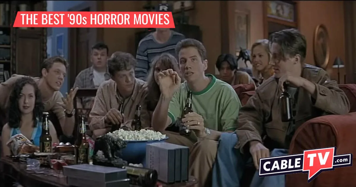 In a scene from Scream, teenagers gather on the couch while one of them appears to explain something.