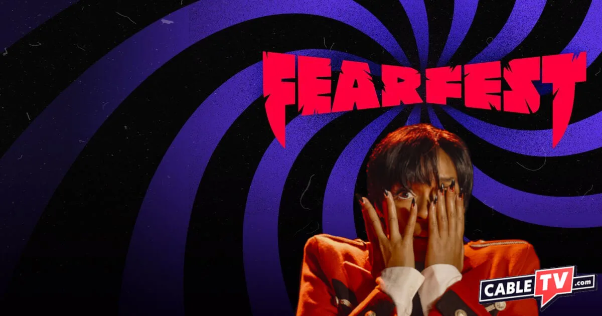 Over a purple and black spiral background, and under the AMC FearFest logo, a woman covers her face in fear.