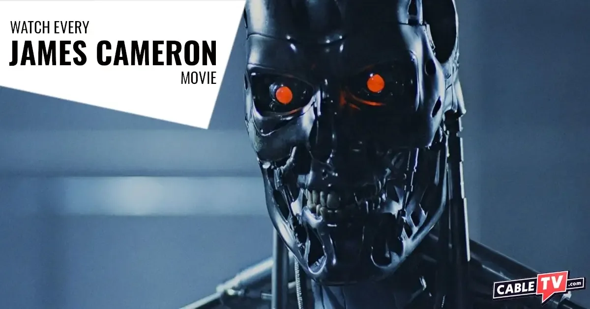 A red-eyed metal robot glares into the camera in a scene from The Terminator, one of the films covered in our guide, “How to Watch All the James Cameron Movies in Order.”