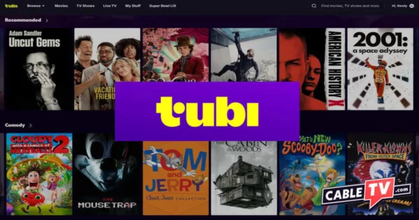 Image of the Tubi home screen with the Tubi logo at the center and the CableTV.com logo at bottom right.
