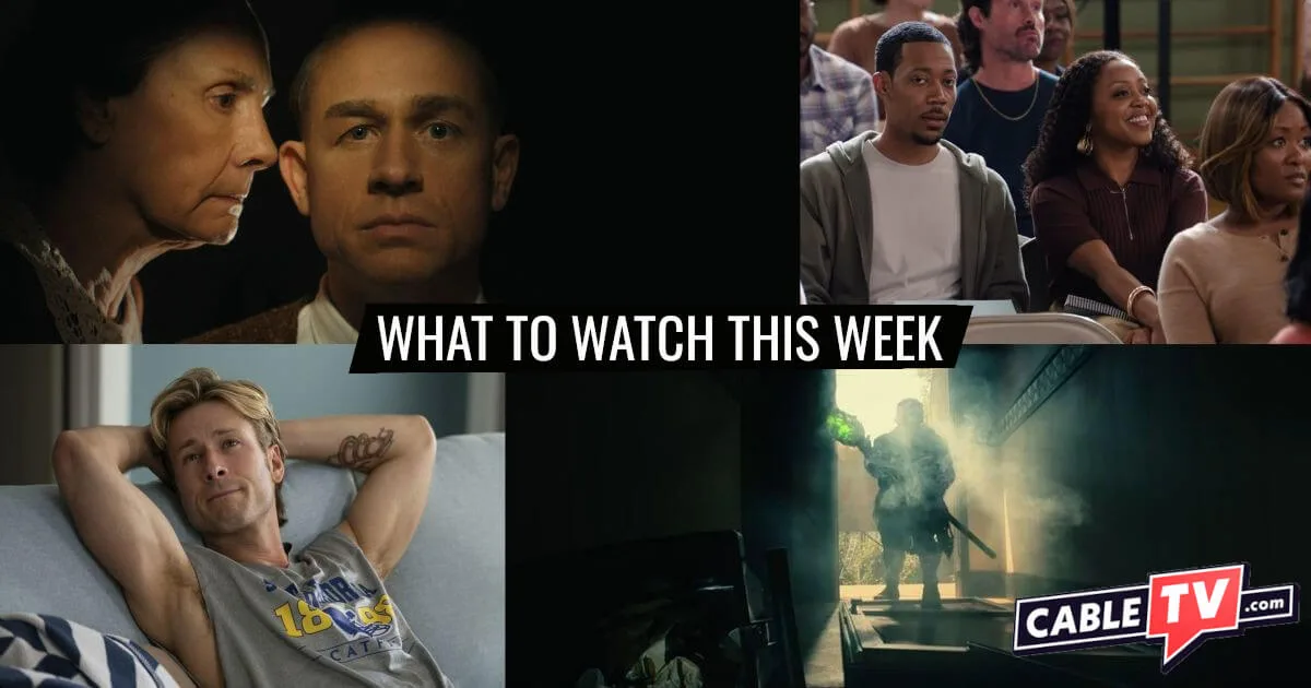 A collage of images from Monster: The Ed Gein Story, Abbott Elementary, The Toxic Avenger, and Chad Powers, shows covered in CableTV.com’s What to Watch This Week column for September 29–October 5.