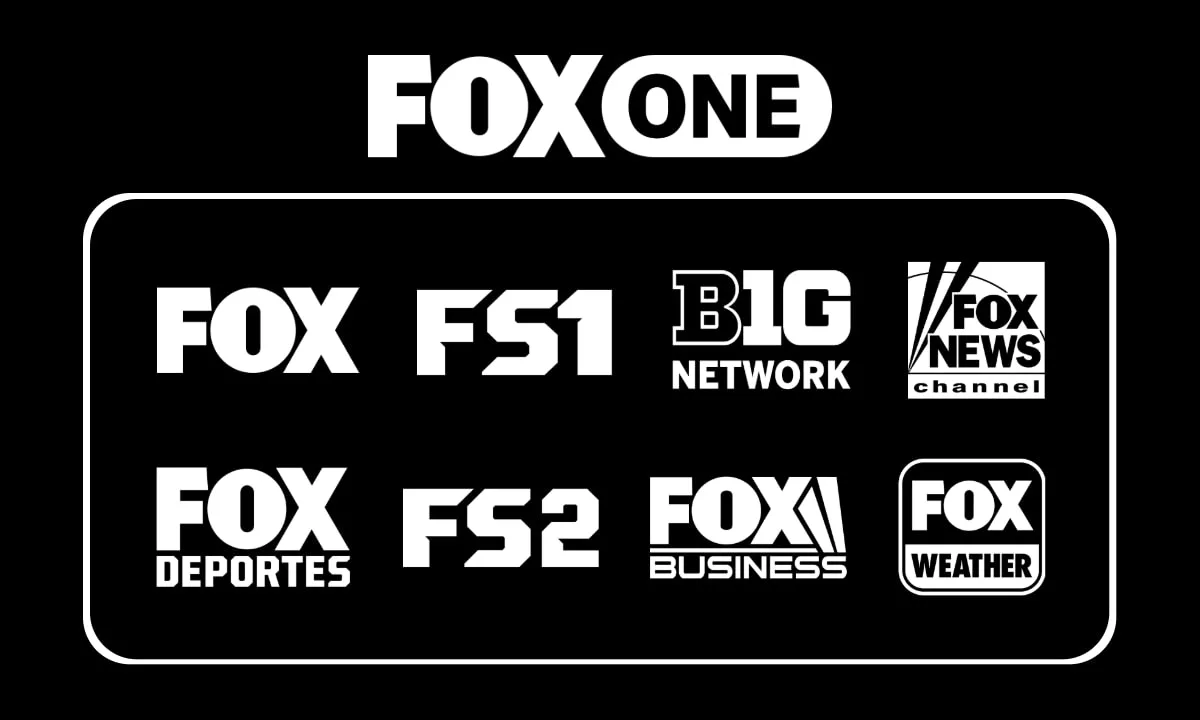 A graphic showing the channels available on the FOX One streaming service, including FOX, FS1, Fox News, and Big Ten Network.