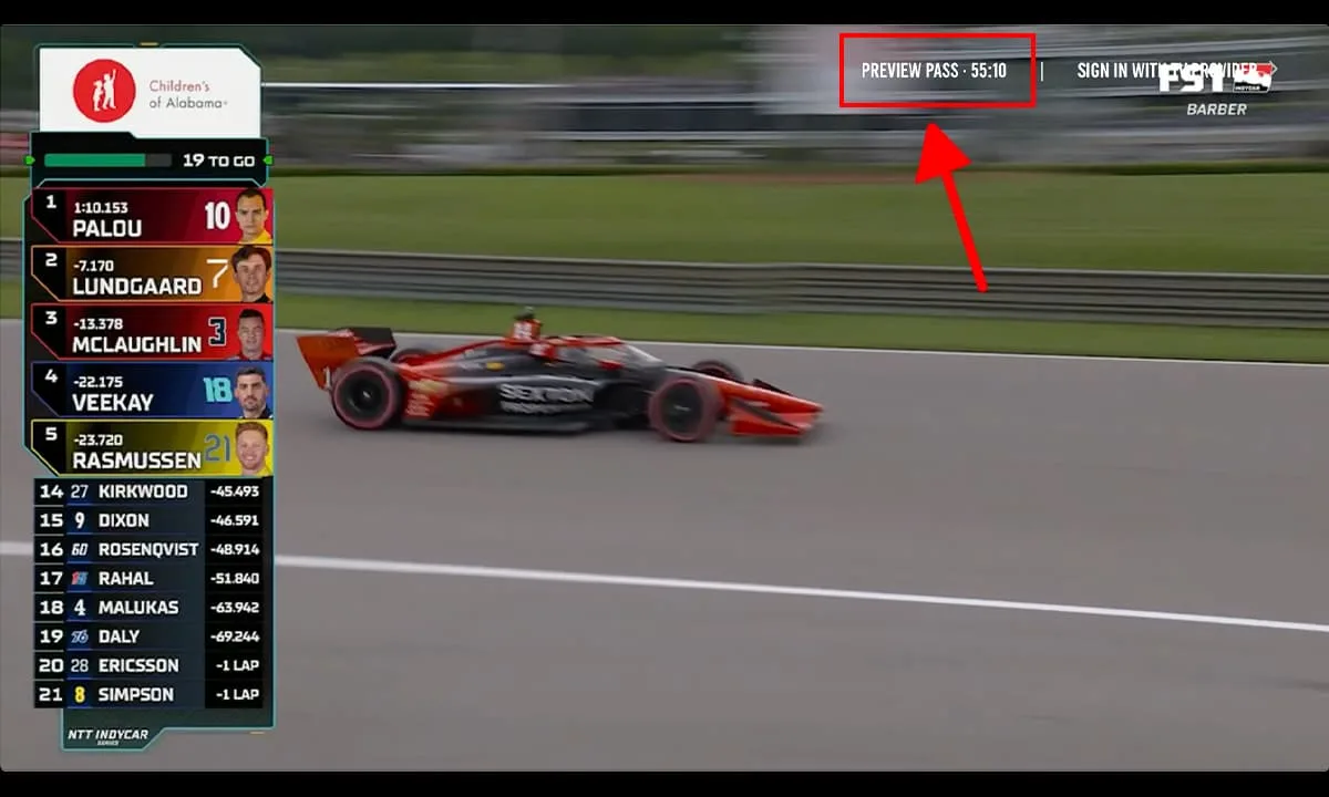 FOX Sports’ preview pass displays a countdown timer during an IndyCar Series replay.