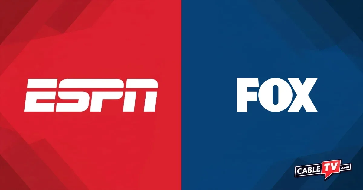 ESPN logo on red background on the left and FOX logo on blue background on the right with CableTV.com logo in bottom right