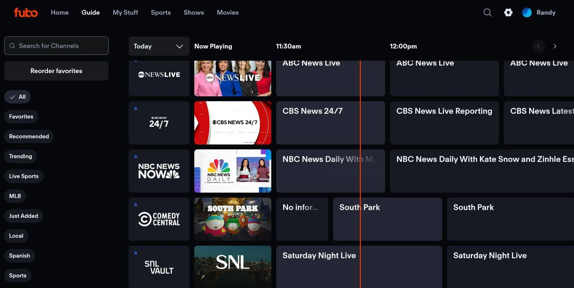 Screenshot of the Fubo live TV guide.