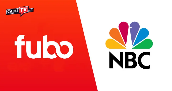 A white fubo logo on a red-orange background, next to the NBC rainbow peacock logo on a white background.