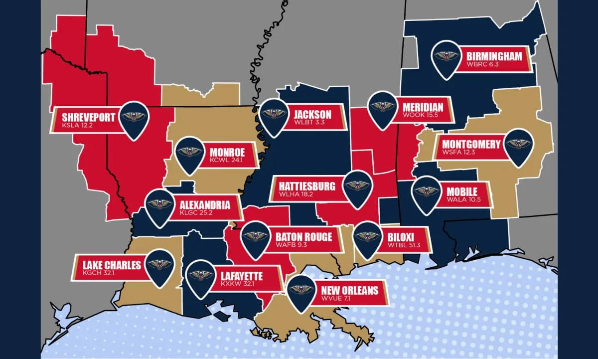 A map of the GCSEN TV territory, showing the New Orleans Pelicans’ broadcast affiliates across Louisiana, Mississippi, and Alabama.
