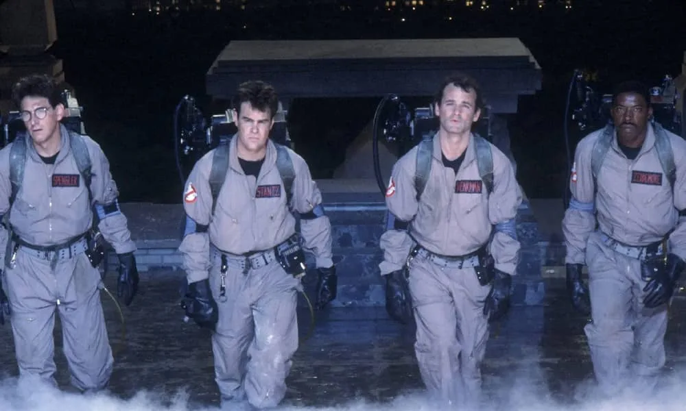 Harold Ramis, Dan Aykroyd, Bill Murray, and Ernie Hudson in Ghostbusters (1984).