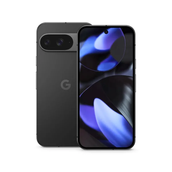 Image of the back and front of a Google Pixel 9 phone
