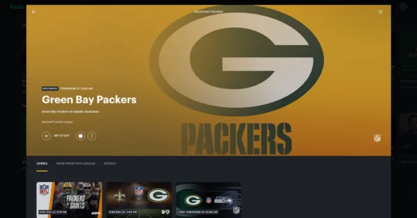 The Green Bay Packers team page on Hulu + Live TV.