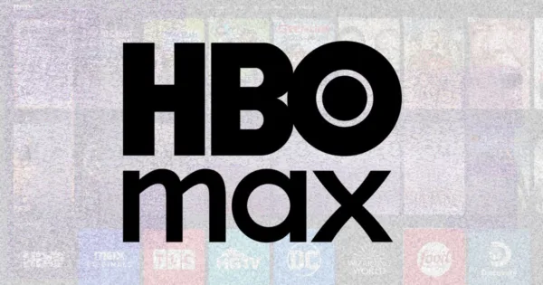 HBO Max logo on top of fuzzy TV screen with HBO Max streaming service behind it