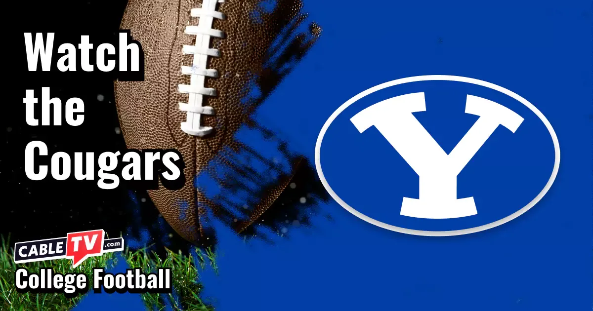 BYU Cougars logo on a royal blue football background with the words “Watch the Cougars.”