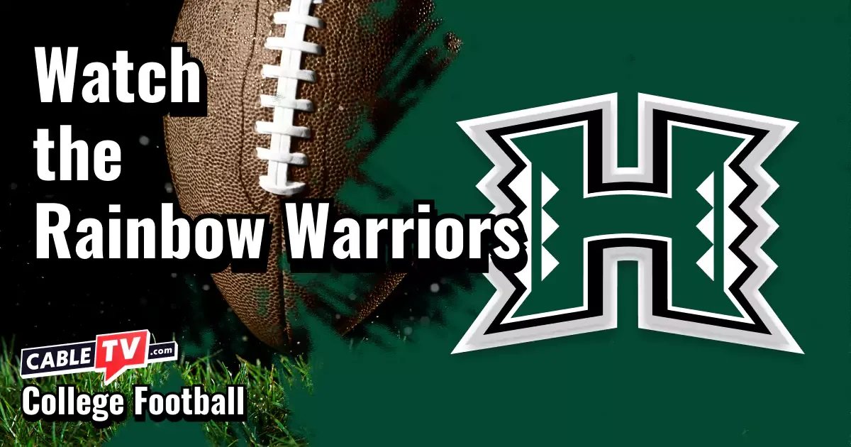 Hawaii Rainbow Warriors logo on a green football background with the words “Watch the Rainbow Warriors.”