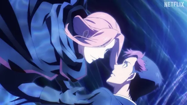 Screenshot from the anime Moonrise with a Netflix logo in the top right corner. An anime man with pin hair smiles over a man with shorter hair.