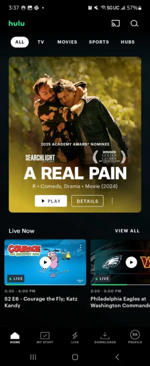 Hulu + Live TV Home Page - Best Live TV Streaming Services A screenshot of the Hulu + Live TV home page shows scheduled programming.