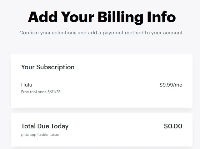 Hulu screenshot showing the billing info stage of the signup process.