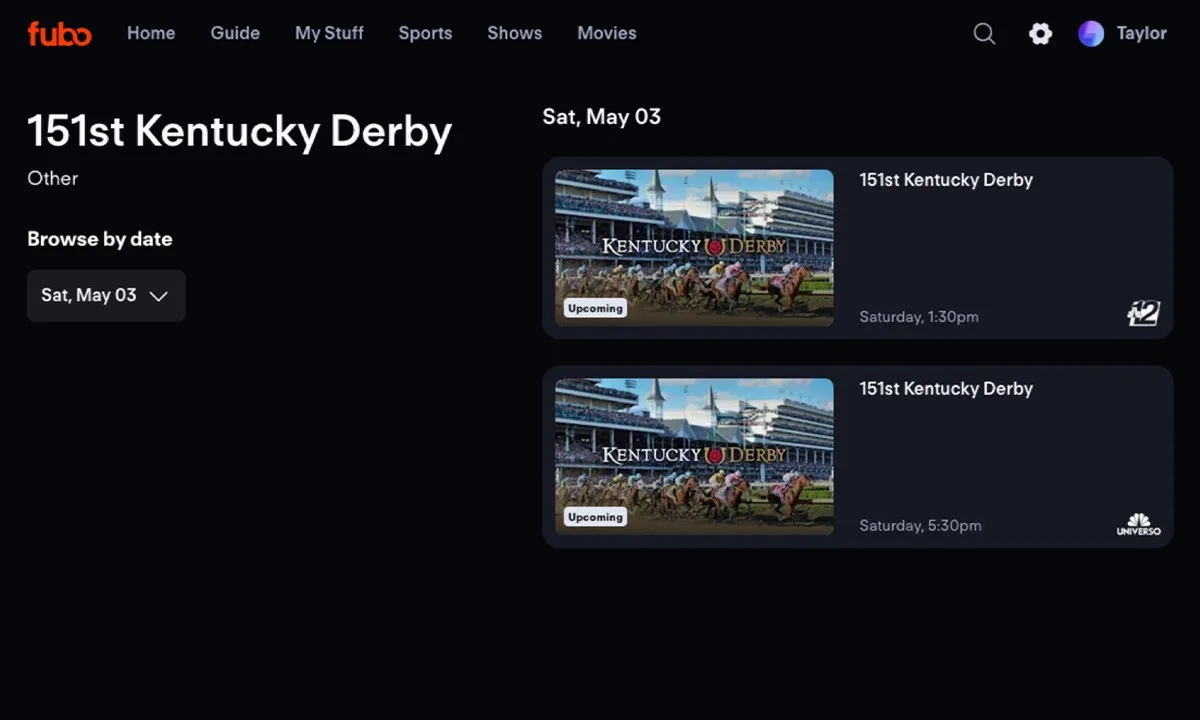 The 151st Kentucky Derby show page on Fubo.