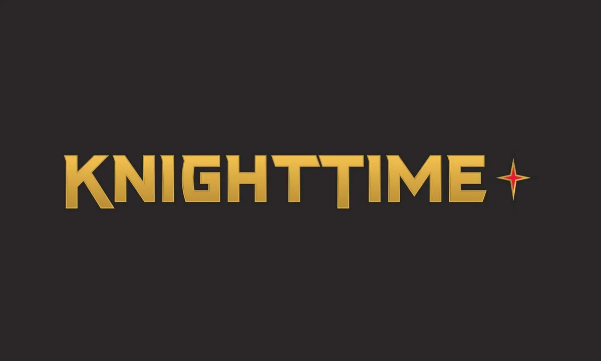 The KnightTime Plus logo in a gold, stylized font on a dark gray background.