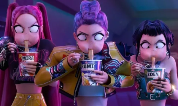 Screenshot of three animated women with exaggerated expressions slurping up personalized cups of ramen.