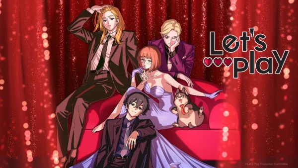 Several anime characters in formal attire sit against a red curtain.