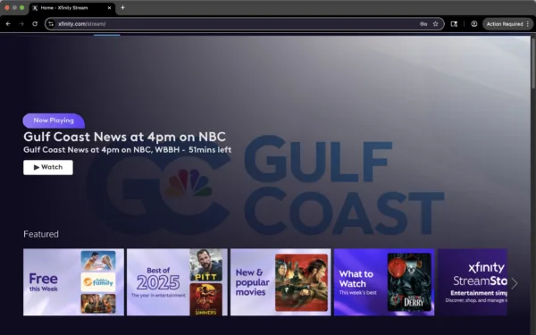 Screenshot of Xfinity Stream in the web browser client showing live and featured content.