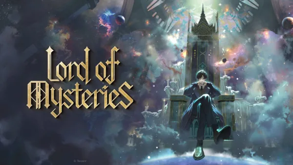 "Lord of Mysteries" key art, featuring an anime boy on a large throne.