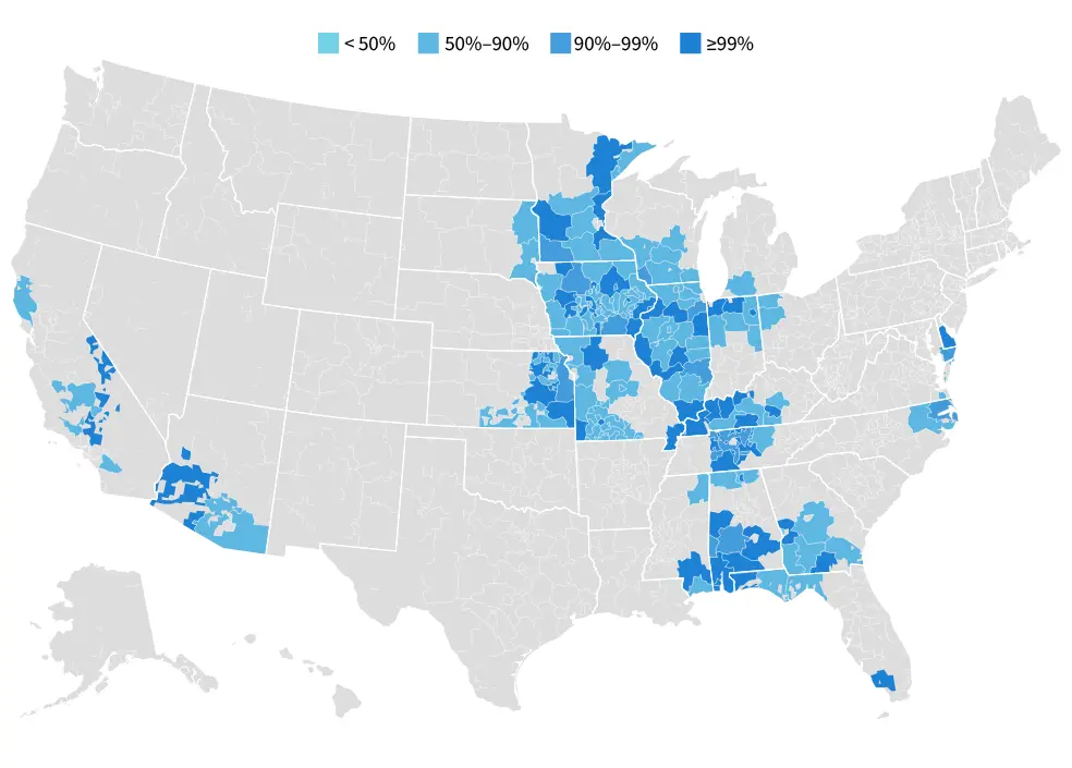 US map showing shaded areas of availability coverage for Mediacom