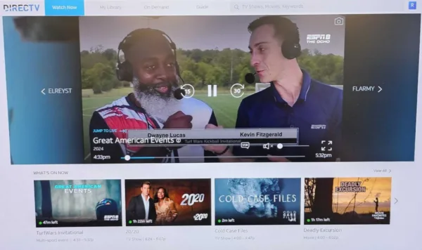 A photo of the MyFree DIRECTV Watch Now page viewed in the Chrome browser shows current programming and playback controls.