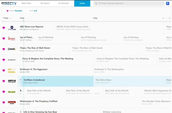 A screenshot of the MyFree DIRECTV live channel guide showing programming and start times.