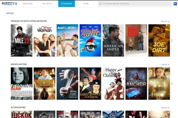 A screenshot of the MyFree DIRECTV movies on-demand page shows available films.