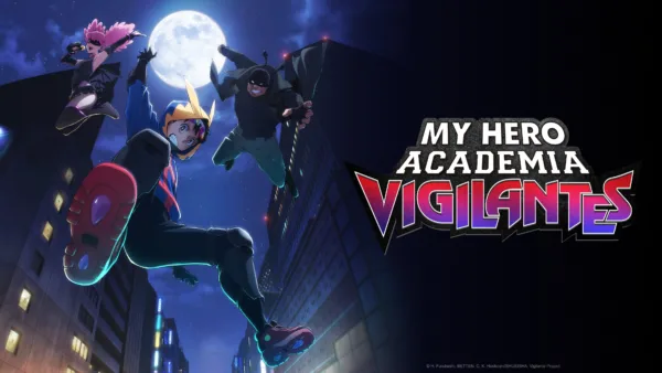 Key art for My Hero Academia: Vigilantes, featuring the three main characters. One is wearing an All Might hoodie.