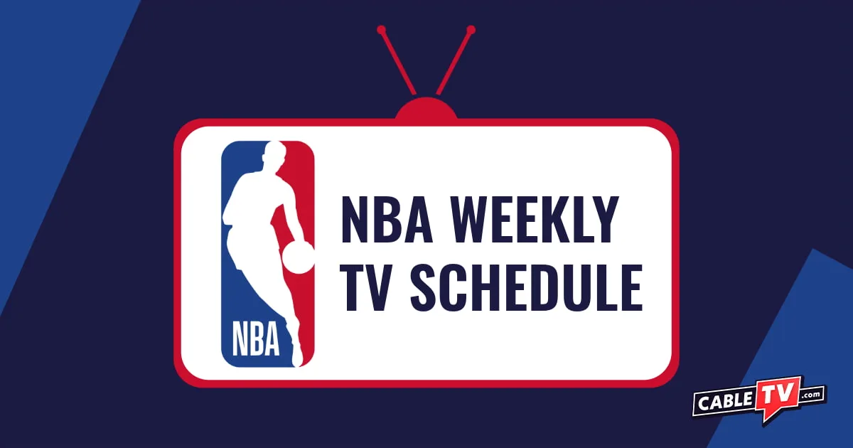 Red outline of old fashioned TV with antennas with the NBA logo and NBA Weekly TV Schedule on the screen.