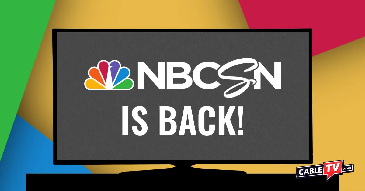A TV screen graphic on a colorful background showing the NBC Sports Network logo and the words "NBCSN is back."