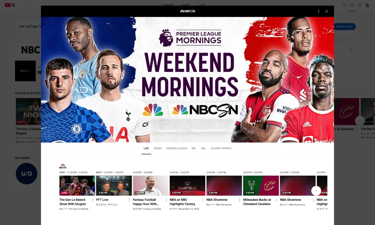 NBC Sports Network on YouTube TV The NBC Sports Network channel page on YouTube TV.