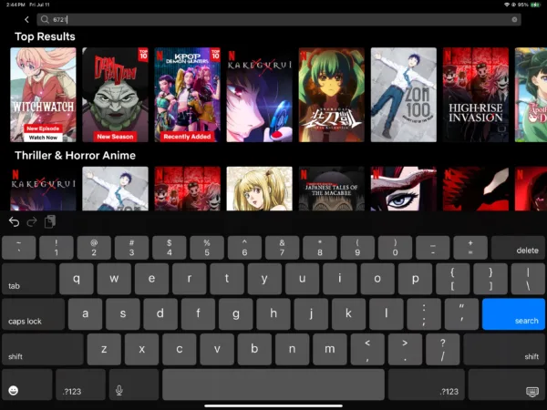 Screenshot of Netflix’s iPad app. The user has searched “6721” and all of the Top Results are anime series.