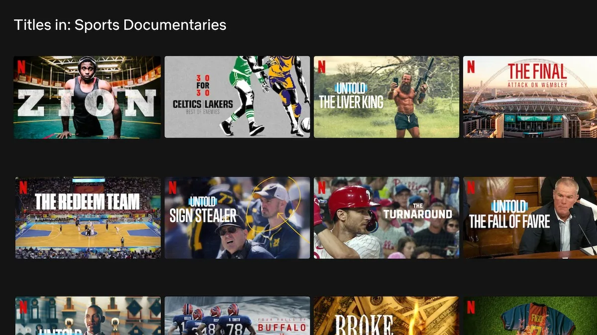 Netflix Sports Docs Title cards of various sports documentaries on Netflix with a black background.
