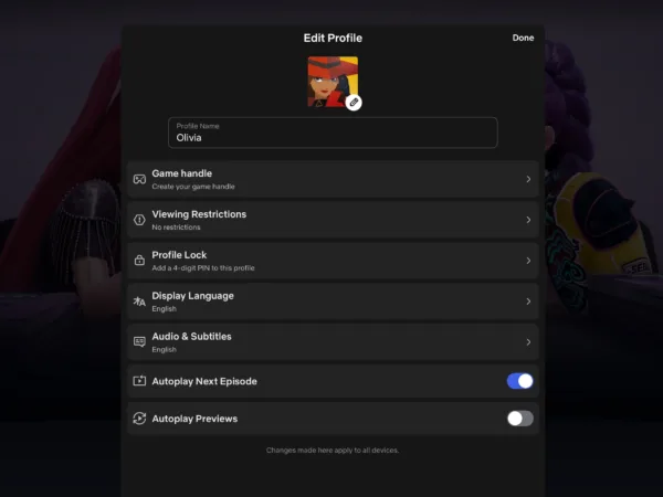 Screenshot of the “Edit Profile” screen on Netflix’s iPad app, displaying different customization options.